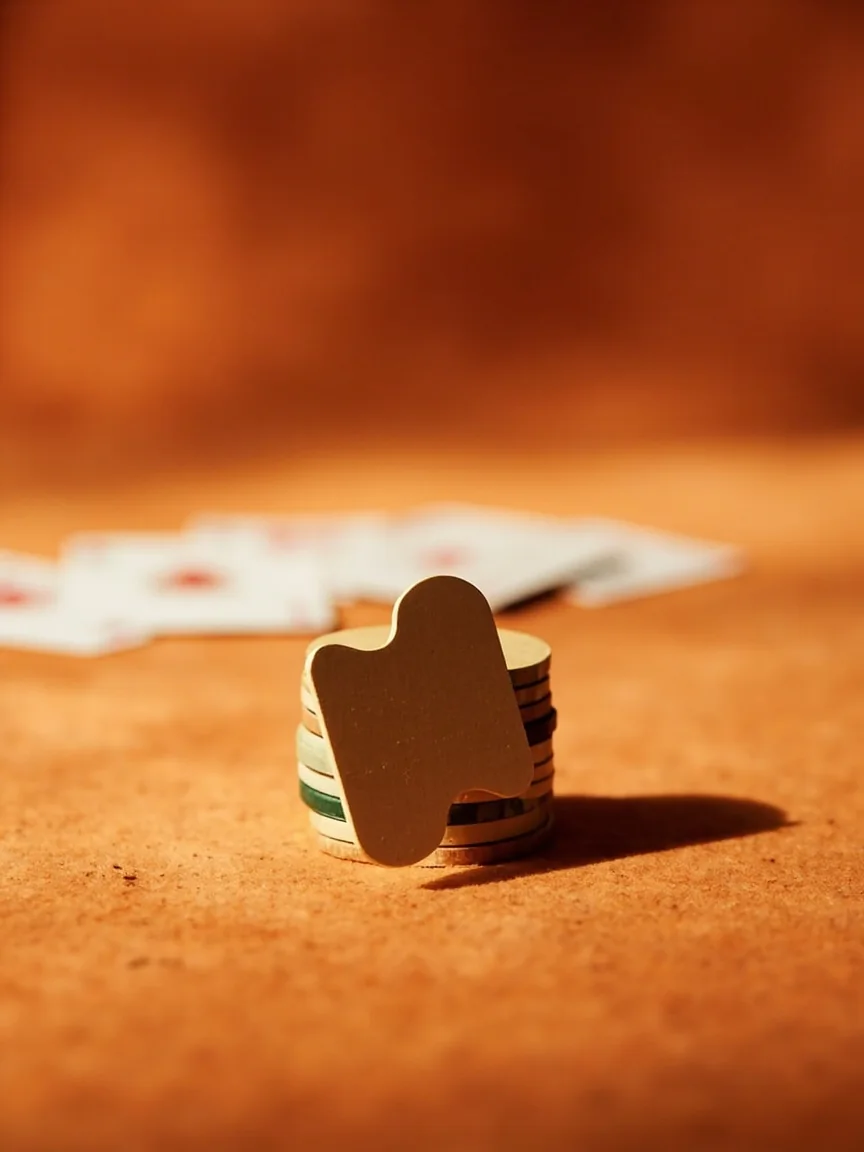 Editorial close-up of low chip tokens arranged on a felt table beside a hand of rummy cards.