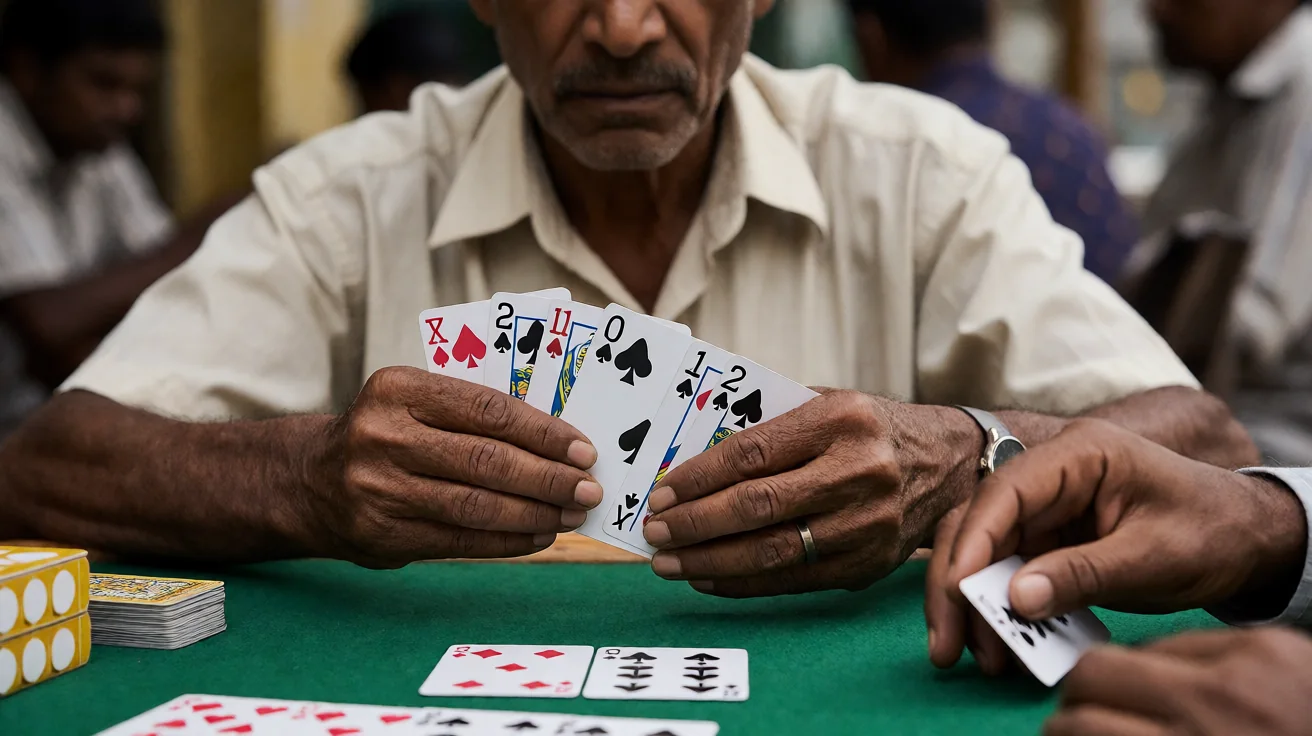 Editorial close-up of a rummy player's hand at the discard moment, with a discard pile and a draw pile beside it on a felt table.
