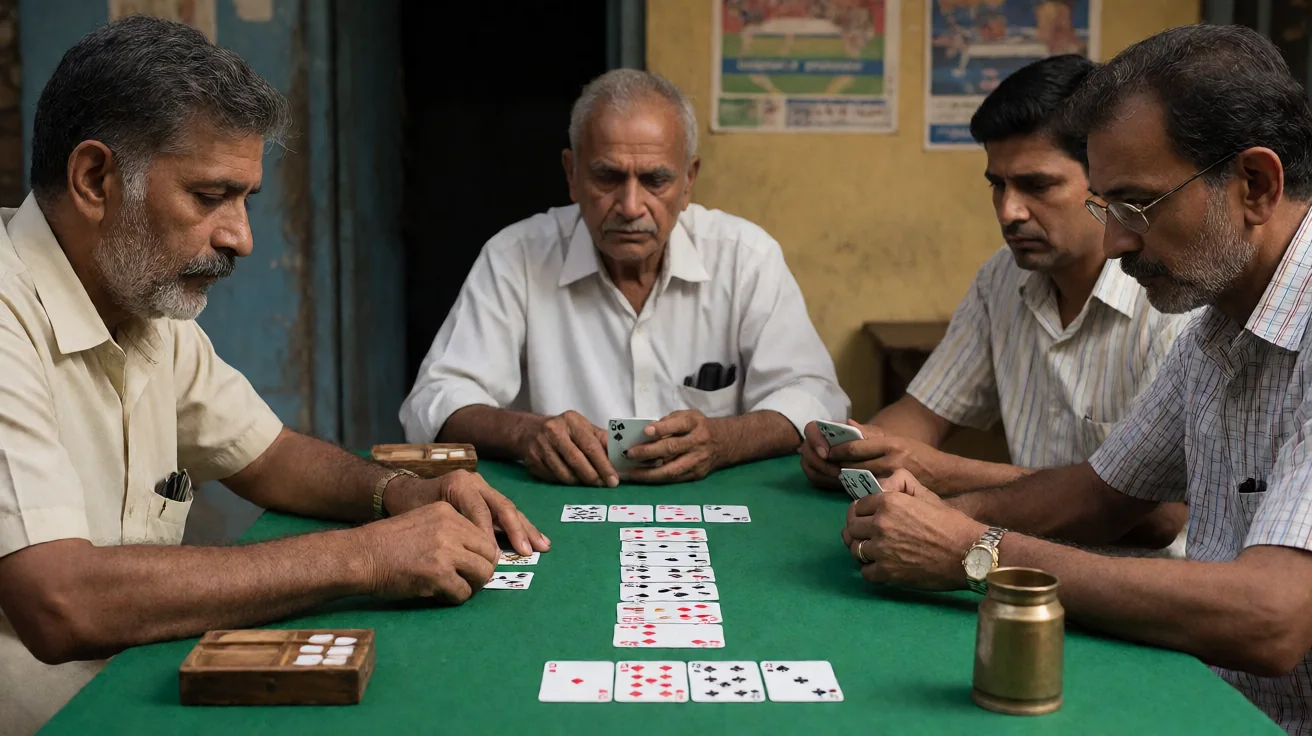 Editorial medium shot of a rummy table mid-session with three hands face-up, a running score card at the corner, and chip tokens beside each seat.
